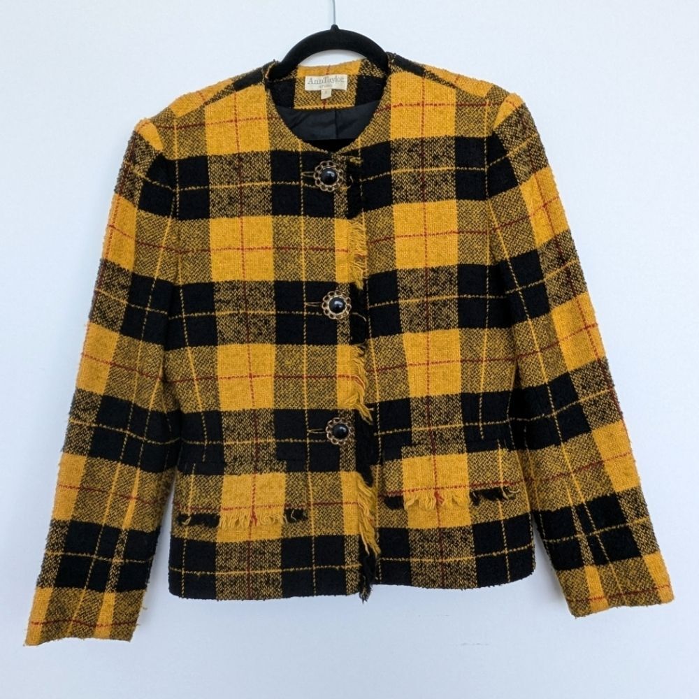 Vintage 90s Clueless Plaid Heritage Print Tweed Lady Jacket Ann Taylor Wool Sz 6